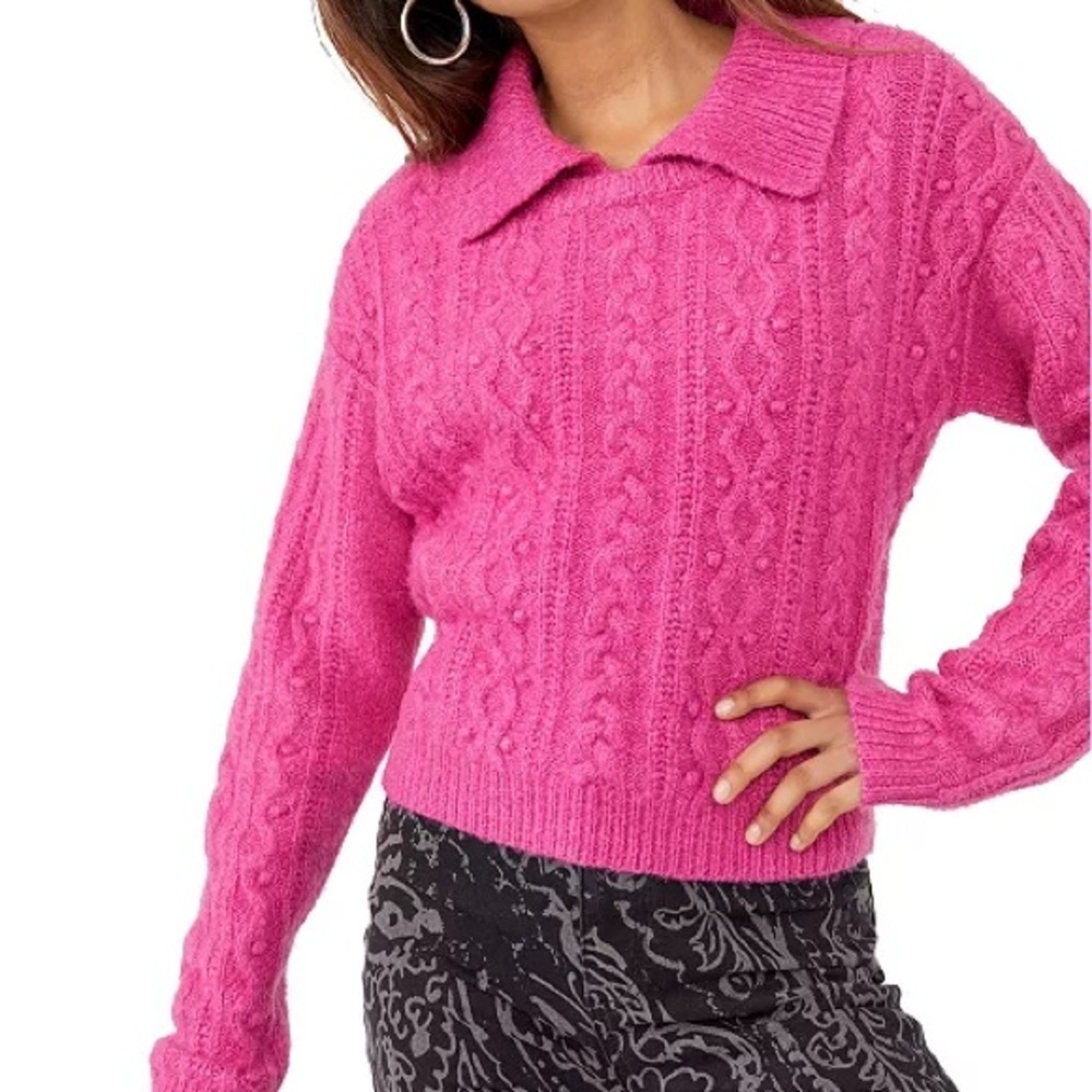 Free People Every Cloud Collared Pullover Cable Knit Sweater Fuchsia Fizz small